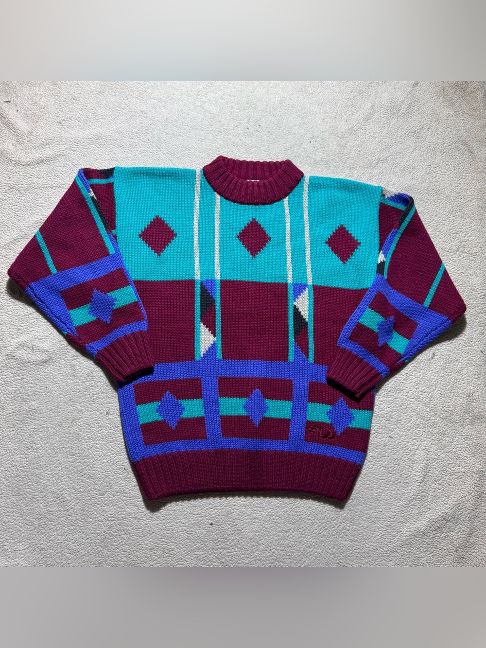 FILA Sweater‎ Mens Large Vintage 100% Wool Diamond Geometric Knit Pullover Y2K